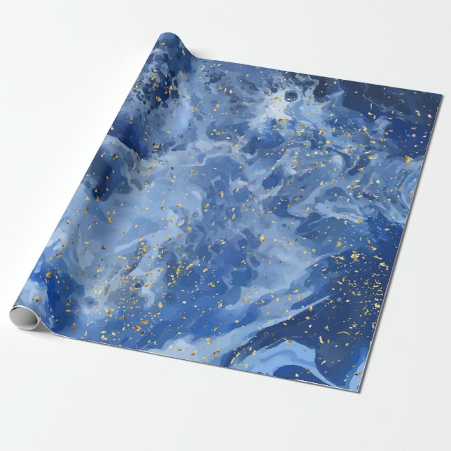 Papel De Regalo Mármol azul y textura dorada (Desenrollado)