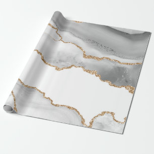 Papel De Regalo Mármol Blanco Gris Ágata Brillante Dorado Refinado