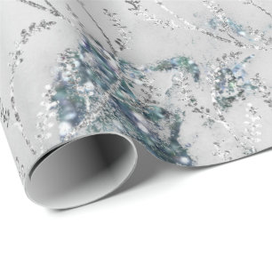 Papel De Regalo Mármol Gris Plateado Azul Acuático Foils Florales