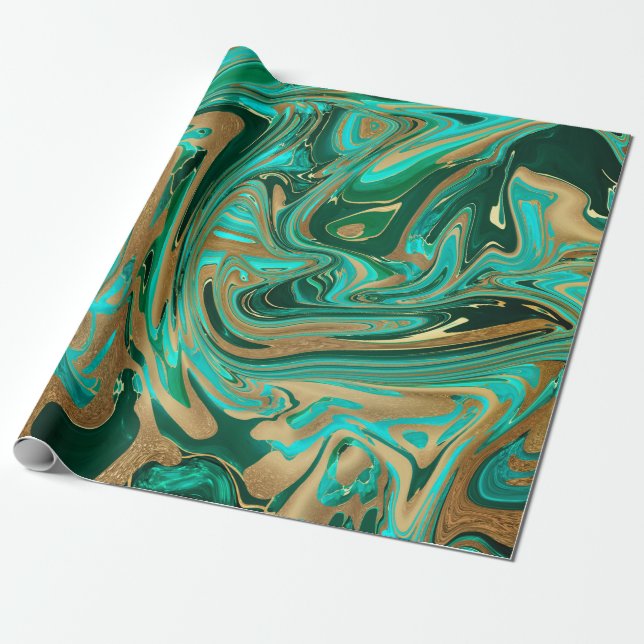Papel De Regalo Mármol líquido verde y dorado (Desenrollado)