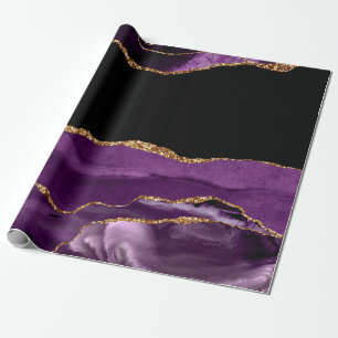 Papel De Regalo Mármol Negro Violeta Agata Glam Brillante Dorado