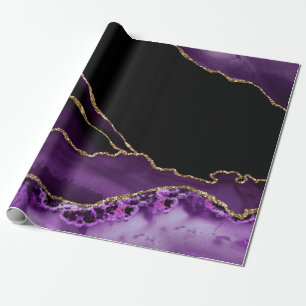 Papel De Regalo Mármol Negro Violeta Ágata Glamour Oscuro Dorado