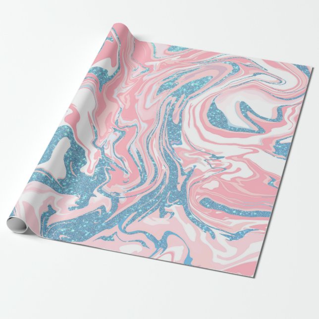 Papel De Regalo Mármol Purpurina azul rosa blanco moderno (Desenrollado)