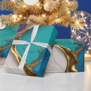 Papel De Regalo Mármol Real Turquesa y Amatista con Venas Doradas