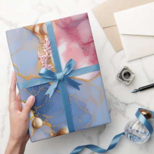 Papel De Regalo Mármol Rosa y Zafiro con Perlas Doradas