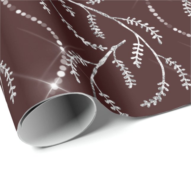Papel De Regalo Maroon Burgund Spark Laurel Floral Silver Diamante (Esquina del rollo)