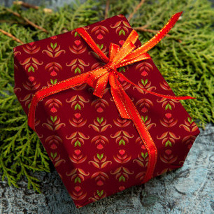 Papel De Regalo Maroon Red Folk Art Floral Cosy & Rustic Navidades