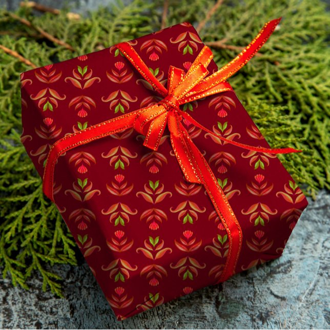 Papel De Regalo Maroon Red Folk Art Floral Cosy & Rustic Navidades (Subido por el creador)