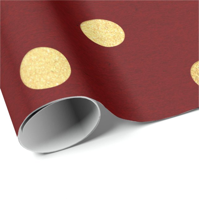 Papel De Regalo Maroon Rojo Borgoña Golden Big Polka Dots (Esquina del rollo)