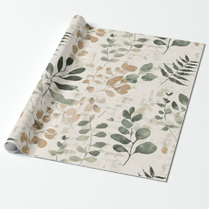 Papel De Regalo Marrón dorado rústico y hojas verdes sobre crema