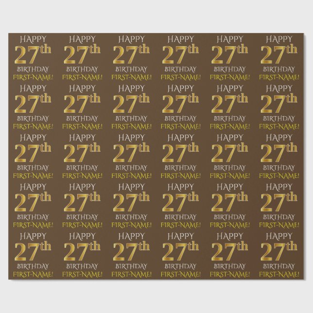 Papel De Regalo Marrón, falso oro "FELIZ CUMPLEAÑOS 27" (Superficie plana)
