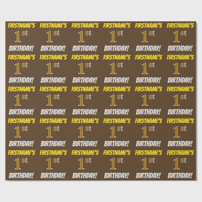 Papel De Regalo Marrón, Faux/Imitation Gold, "1ᵉʳ BIRTHDAY" (Superficie plana)
