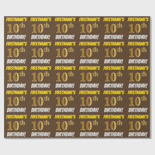 Papel De Regalo Marrón, Faux/Imitation Gold, "10th BIRTHDAY"