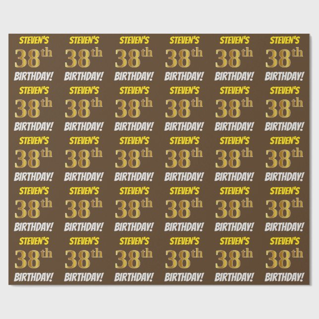 Papel De Regalo Marrón, Faux/Imitation Gold, "38th BIRTHDAY" (Superficie plana)