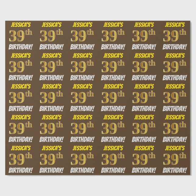 Papel De Regalo Marrón, Faux/Imitation Gold, "39th BIRTHDAY" (Superficie plana)