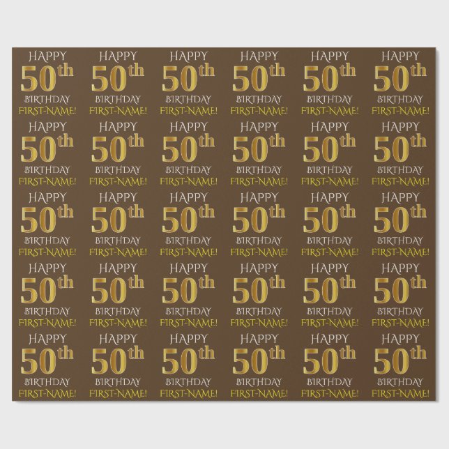 Papel De Regalo Marrón, oro falso "FELIZ 50 cumpleaños" (Superficie plana)