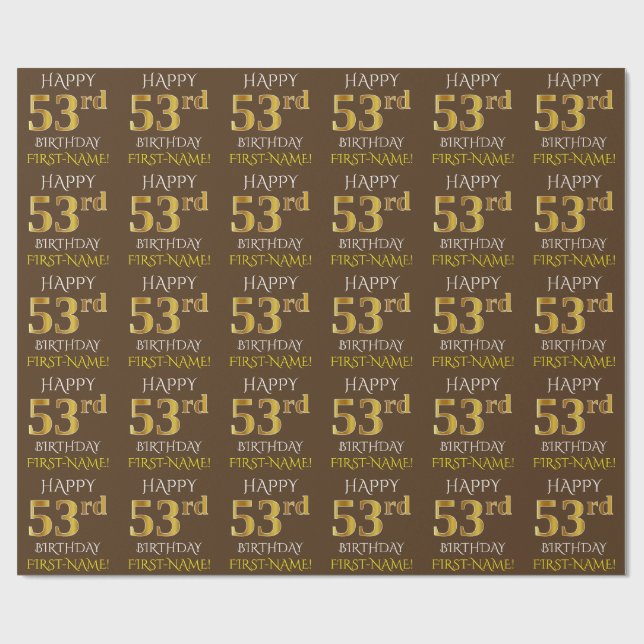 Papel De Regalo Marrón, oro falso "FELIZ 53 cumpleaños" (Superficie plana)