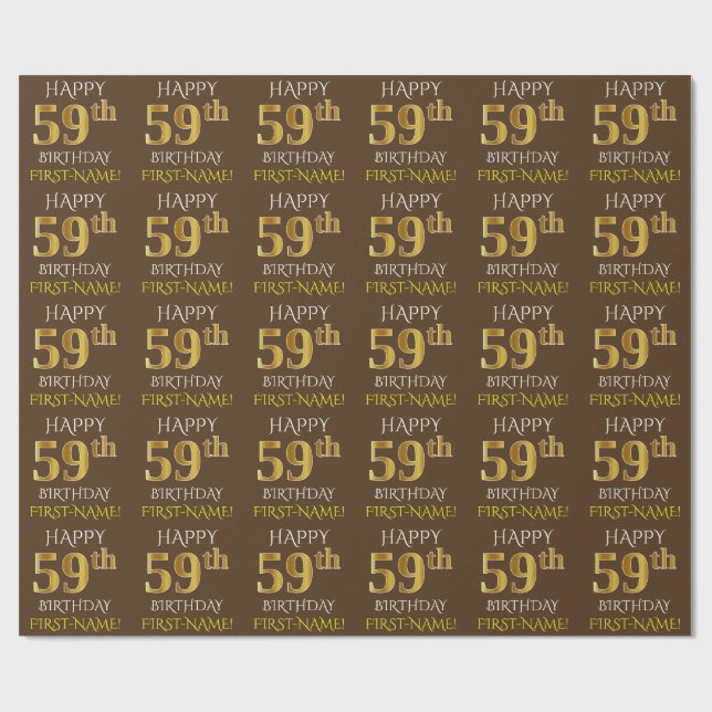 Papel De Regalo Marrón, oro falso "FELIZ 59 cumpleaños" (Superficie plana)