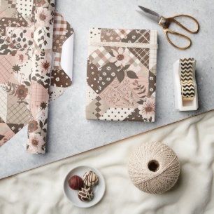 Papel De Regalo Marrón Rosa Colcha a Cuadros Floral Cottagecore