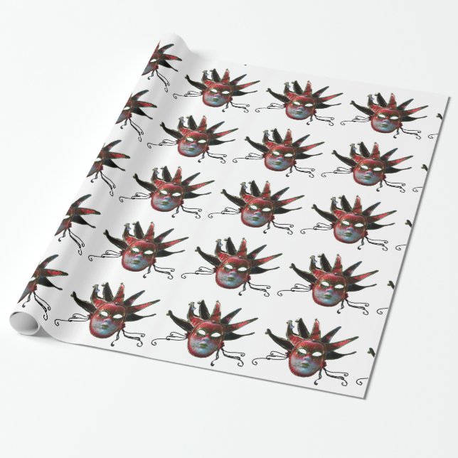 Papel De Regalo MÁSCARA DE JESTER ROJO NEGRO, Fiesta de mascarada, (Desenrollado)