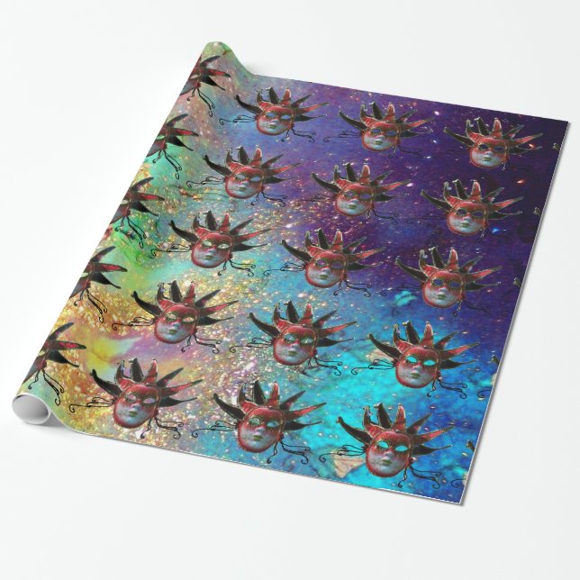 Papel De Regalo MÁSCARA DE JESTER ROJO NEGRO, Fiesta de mascarada, (Desenrollado)
