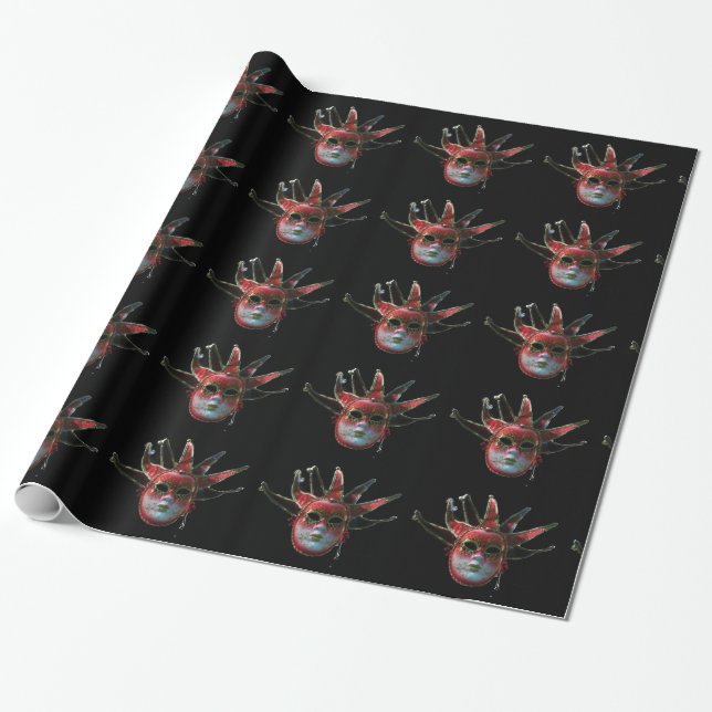 Papel De Regalo MÁSCARA DE JESTER ROJO NEGRO, Fiesta de Mascaradas (Desenrollado)