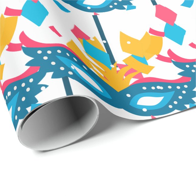 Papel De Regalo Máscara De Mardi Gras Y Confetti En Blanco (Esquina del rollo)