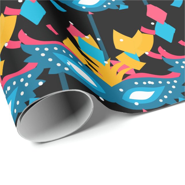 Papel De Regalo Máscara De Mardi Gras Y Confetti En Negro (Esquina del rollo)