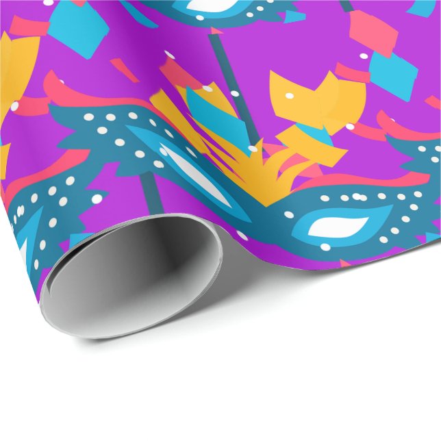 Papel De Regalo Máscara De Mardi Gras Y Confetti En Púrpura (Esquina del rollo)