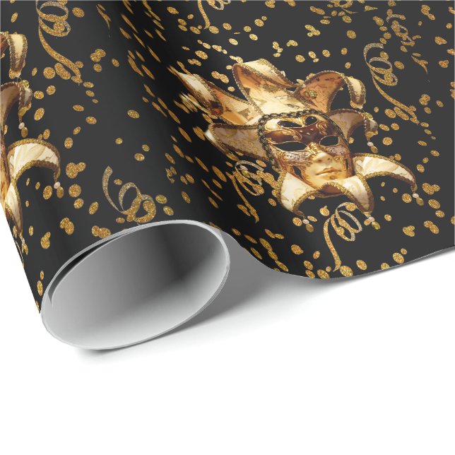 Papel De Regalo Máscara De Oro Del Carnaval De Mardi Gras Con Conf (Esquina del rollo)