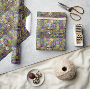 Papel De Regalo Máscara de plumas de colores cerámicos y oro Mardi