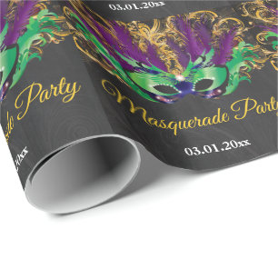 Papel De Regalo Mascarada Fiesta Noche mágica Oro Púrpura Verde