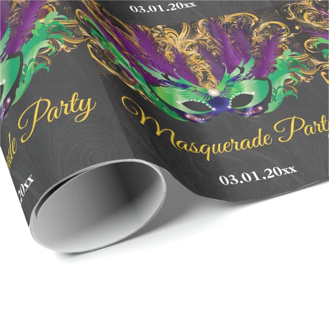 Papel De Regalo Mascarada Fiesta Noche mágica Oro Púrpura Verde (Esquina del rollo)