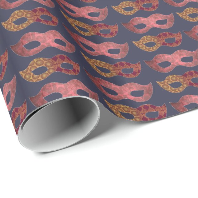 Papel De Regalo Máscaras de disfraz de Borgoña Patrón (Esquina del rollo)