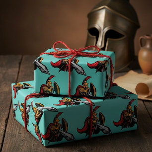 Papel De Regalo Mascota Guerrero Espartano Rojo y Dorado Negrita