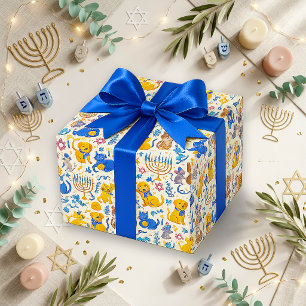 Papel De Regalo Mascotas adorables de Hanukkah en azul y oro