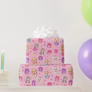 Papel De Regalo Mascotas Lindas & Regalos Patrón Continuo en Rosa