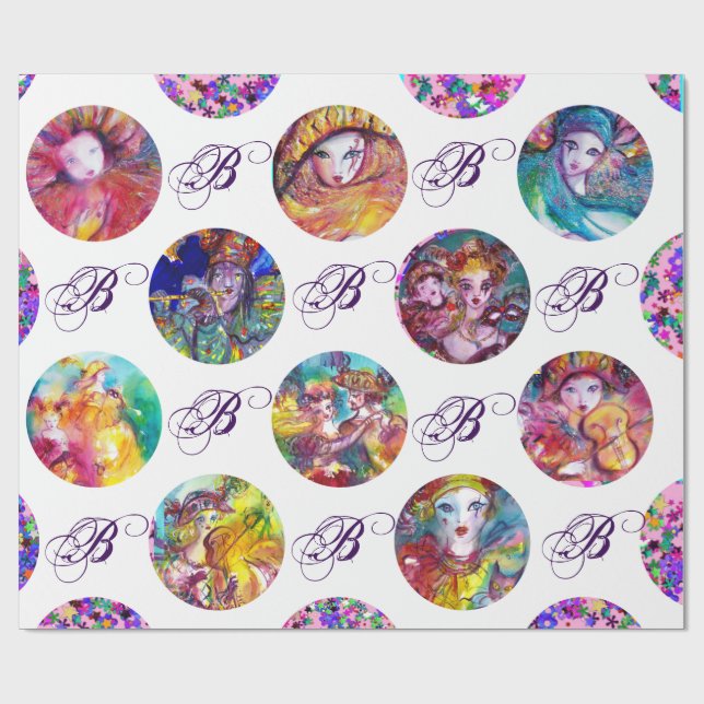 PAPEL DE REGALO MASQUERADE VENECIANO MARDI GRAS MASKS MONOGRAM (Superficie plana)