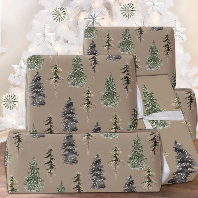 Papel De Regalo Matte de árboles de espruce de bosque de invierno  (Rustic Kraft Winter Woodland Spruce Trees Matte Christmas Holiday Wrapping Paper Rolls)