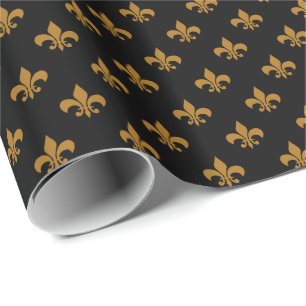 Papel De Regalo Matte Gold Fleur-de-lis en negro