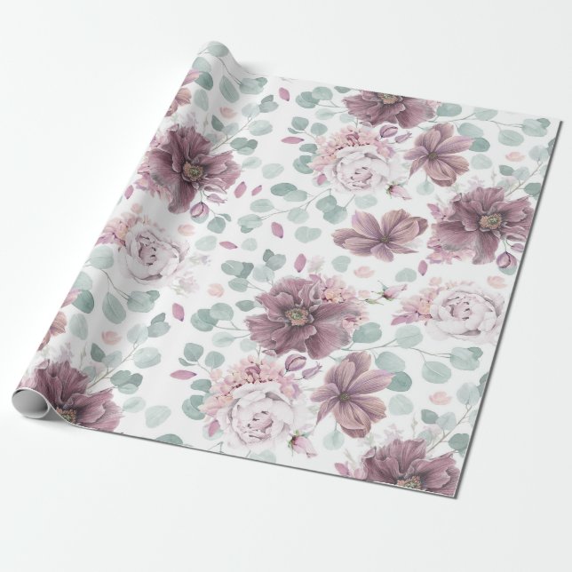 Papel De Regalo Mauve Floral y Eucalipto deja elegancia (Desenrollado)