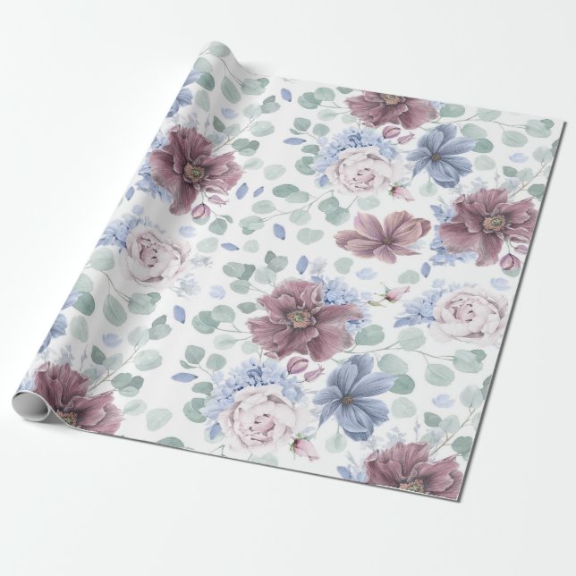 Papel De Regalo Mauve y Dusty Blue Botanical Floral Elegante (Desenrollado)