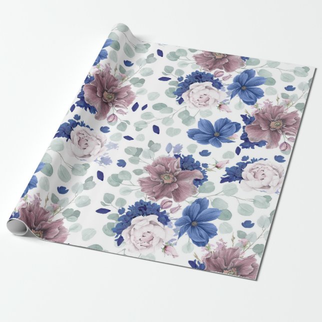 Papel De Regalo Mauve y Navy Blue Botanical Floral Elegante (Desenrollado)