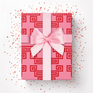 Papel De Regalo Meandro de Llave Griega en Capas en Rosa y Rojo