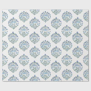 Papel De Regalo Medallón de Estampado en Azul sobre Marfil
