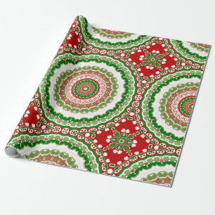 Papel De Regalo Medallón Mandala para Navidades rojos y verdes