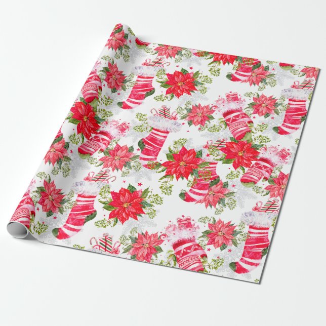 Papel De Regalo Media y guantes del Poinsettia del navidad (Desenrollado)