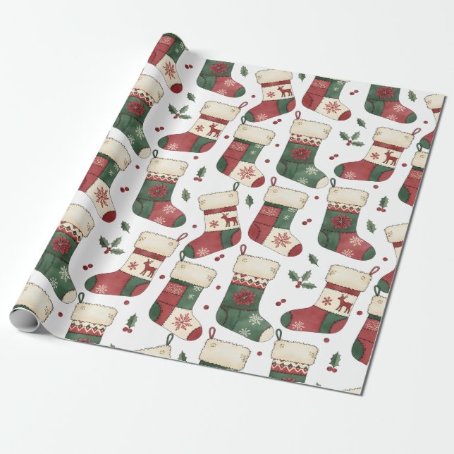 Papel De Regalo Medias de Navidad de patchwork Rojo Verde Blanco (Desenrollado)