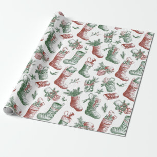 Papel De Regalo Medias de Navidad rojas y verdes vintage nostálgic