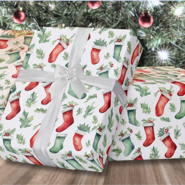 Papel De Regalo Medias Rojas Verdes de Navidad (Traditional Festive Red Green Stockings Christmas Wrapping Paper)